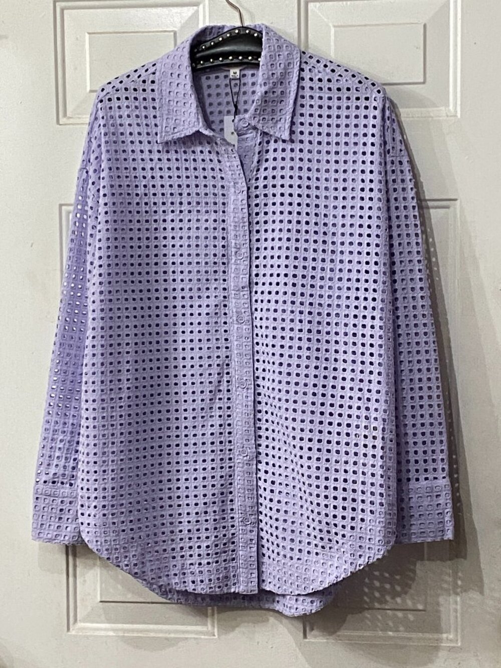 NWT Steve Madden Poppy Eyelet Blouse Button Up Tunic Pastel Lilac Sz M